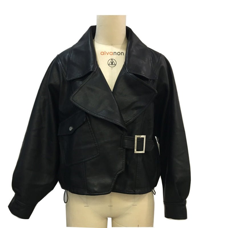 Oversized PU Leather Jacket – Women’s Faux Leather Lapel Coat | Lace - Up Socialite Style Streetwear - Negative Apparel