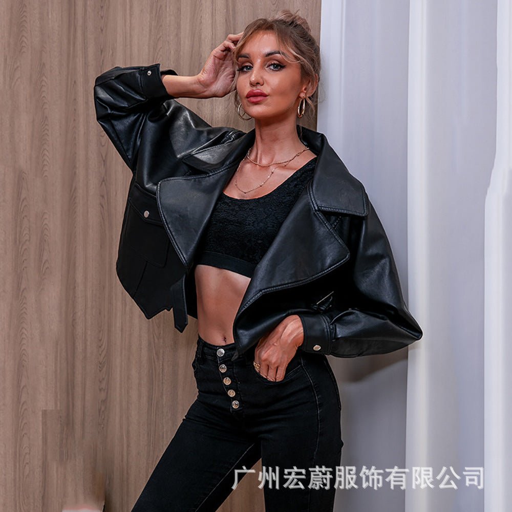 Oversized PU Leather Jacket – Women’s Faux Leather Lapel Coat | Lace - Up Socialite Style Streetwear - Negative Apparel