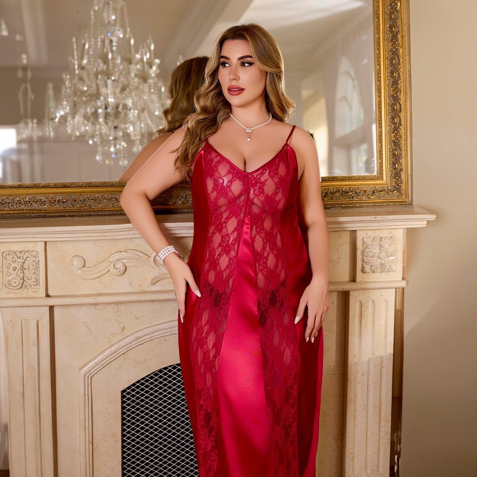 pajamas women's large size solid color lace splicing suspender long nightdress SQ22183 - Negative Apparel