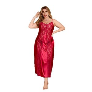 pajamas women's large size solid color lace splicing suspender long nightdress SQ22183 - Negative Apparel