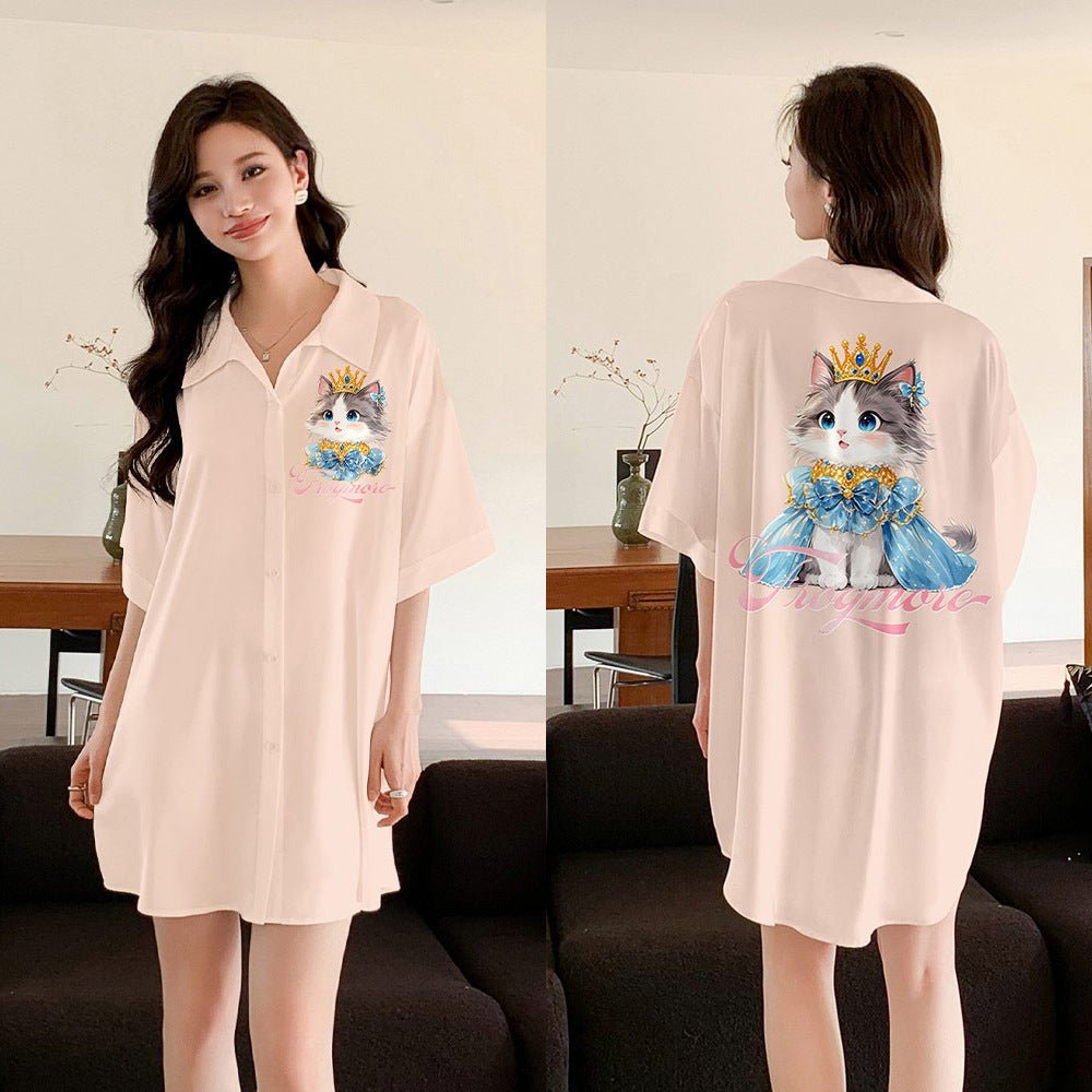 pajamas women's satin chiffon cardigan short - sleeved pajamas ice silk shirt skirt loungewear SQ3525 - Negative Apparel