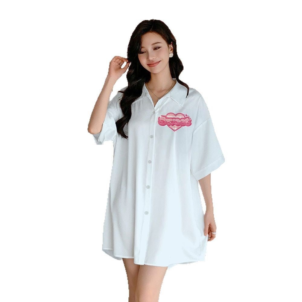 pajamas women's satin chiffon cardigan short - sleeved pajamas ice silk shirt skirt loungewear SQ3525 - Negative Apparel