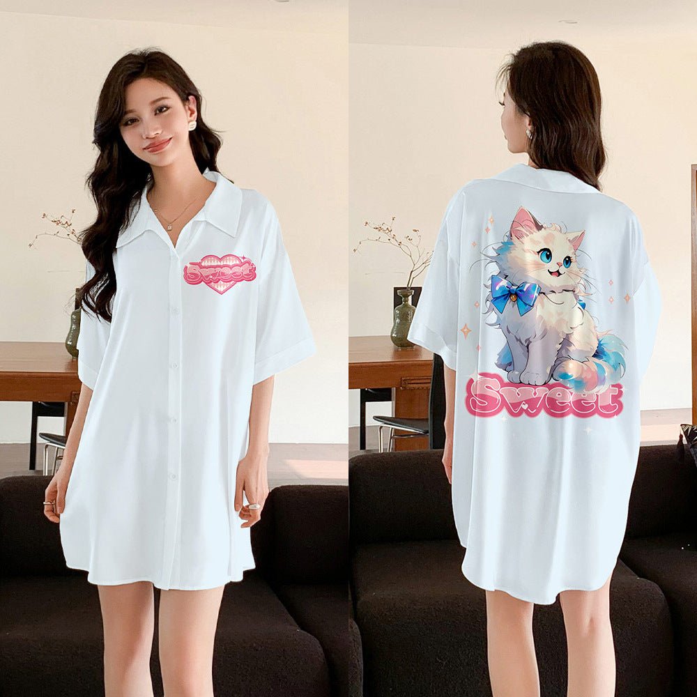 pajamas women's satin chiffon cardigan short - sleeved pajamas ice silk shirt skirt loungewear SQ3525 - Negative Apparel