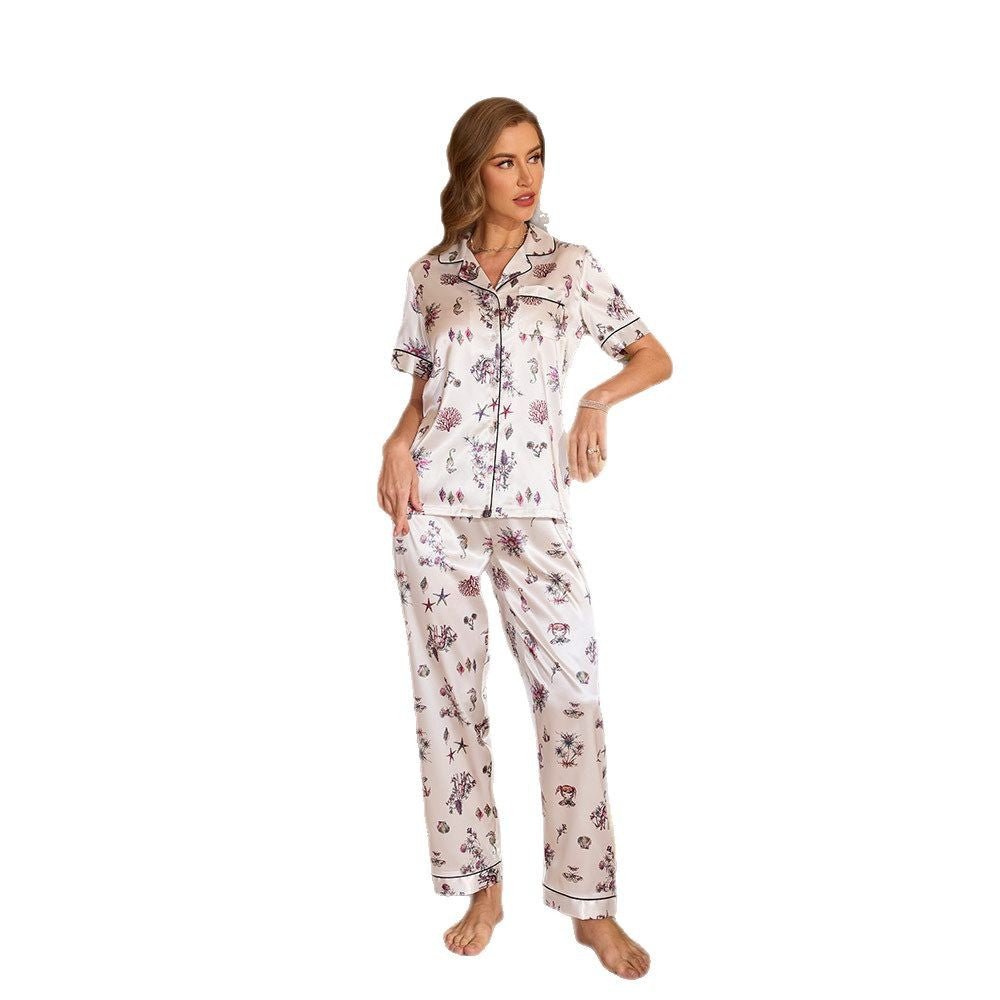 pajamas women's summer loungewear suit, short - sleeved trousers lapel printTZ3431 - Negative Apparel