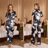 pajamas women's summer loungewear suit, short - sleeved trousers lapel printTZ3431 - Negative Apparel