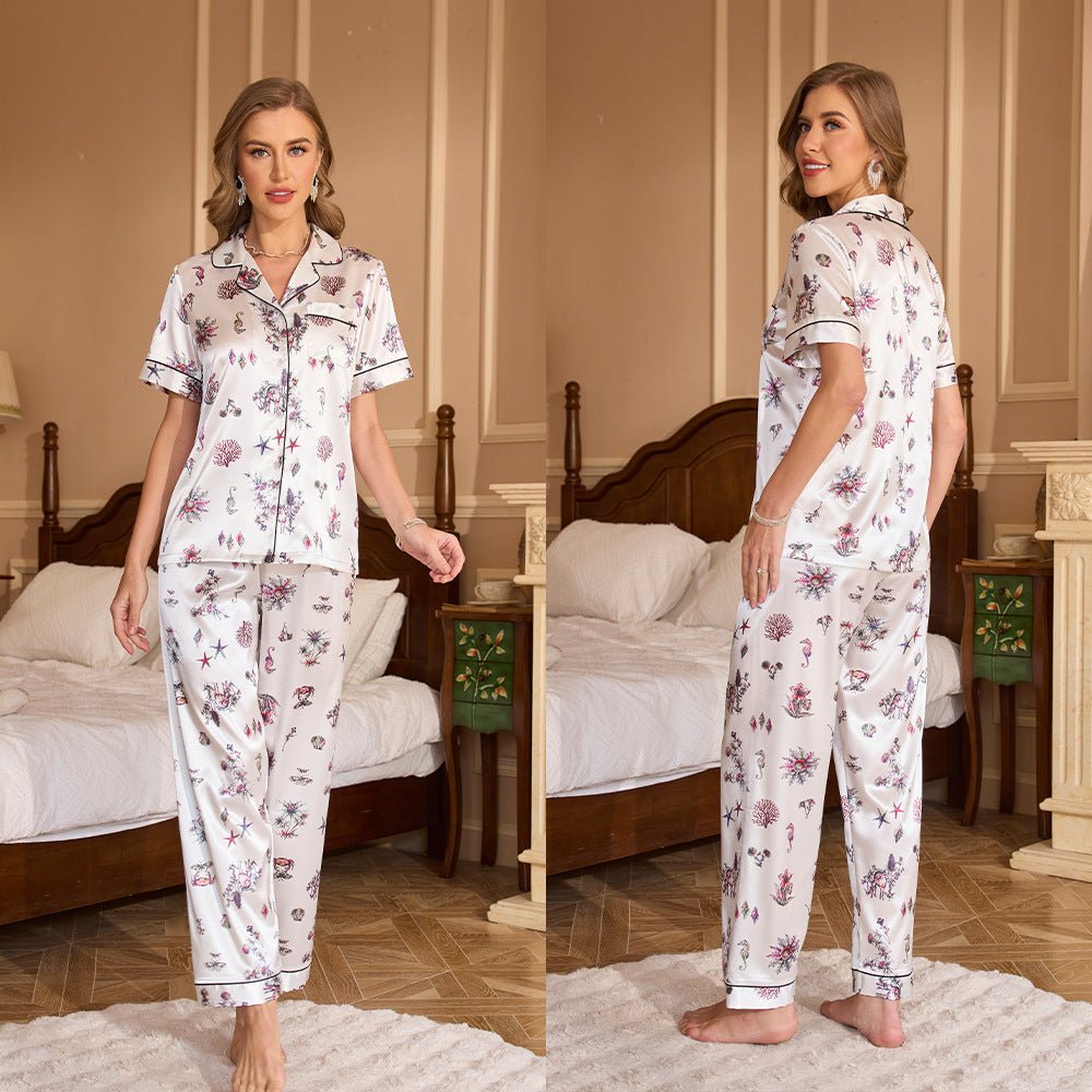 pajamas women's summer loungewear suit, short - sleeved trousers lapel printTZ3431 - Negative Apparel