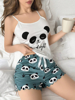 Panda & Letter Print Cami Top And Shorts Pajama Set - Negative Apparel