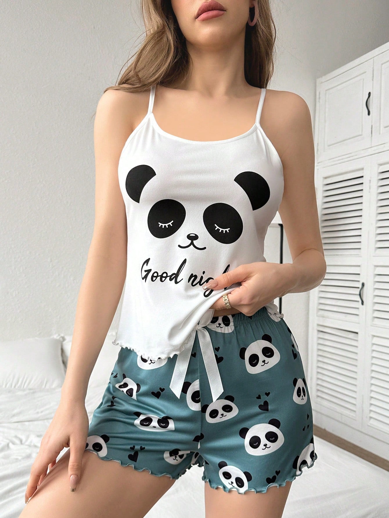 Panda & Letter Print Cami Top And Shorts Pajama Set - Negative Apparel