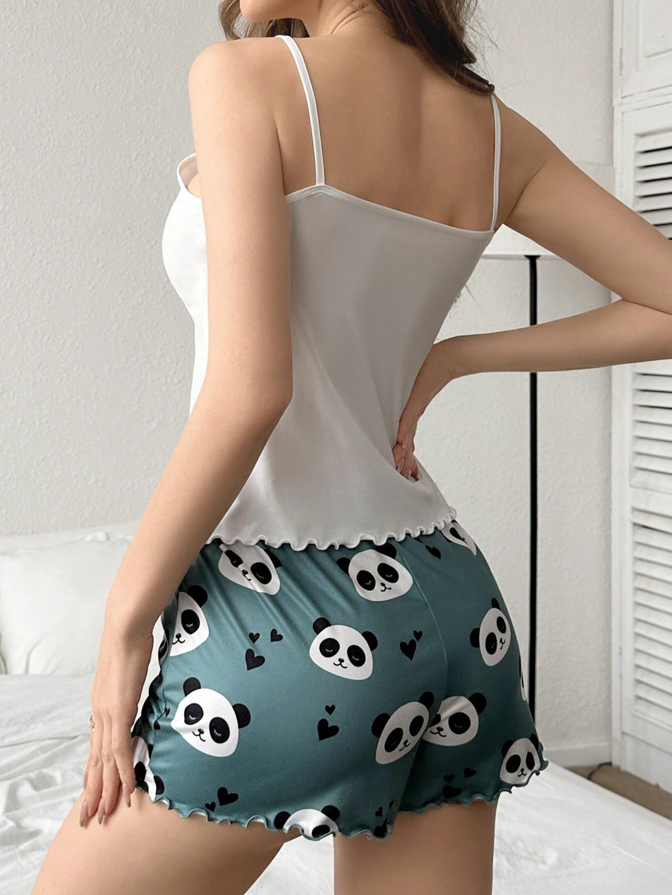 Panda & Letter Print Cami Top And Shorts Pajama Set - Negative Apparel