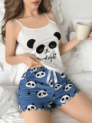 Panda & Letter Printed Camisole And Shorts Women's Pajama Set - Negative Apparel