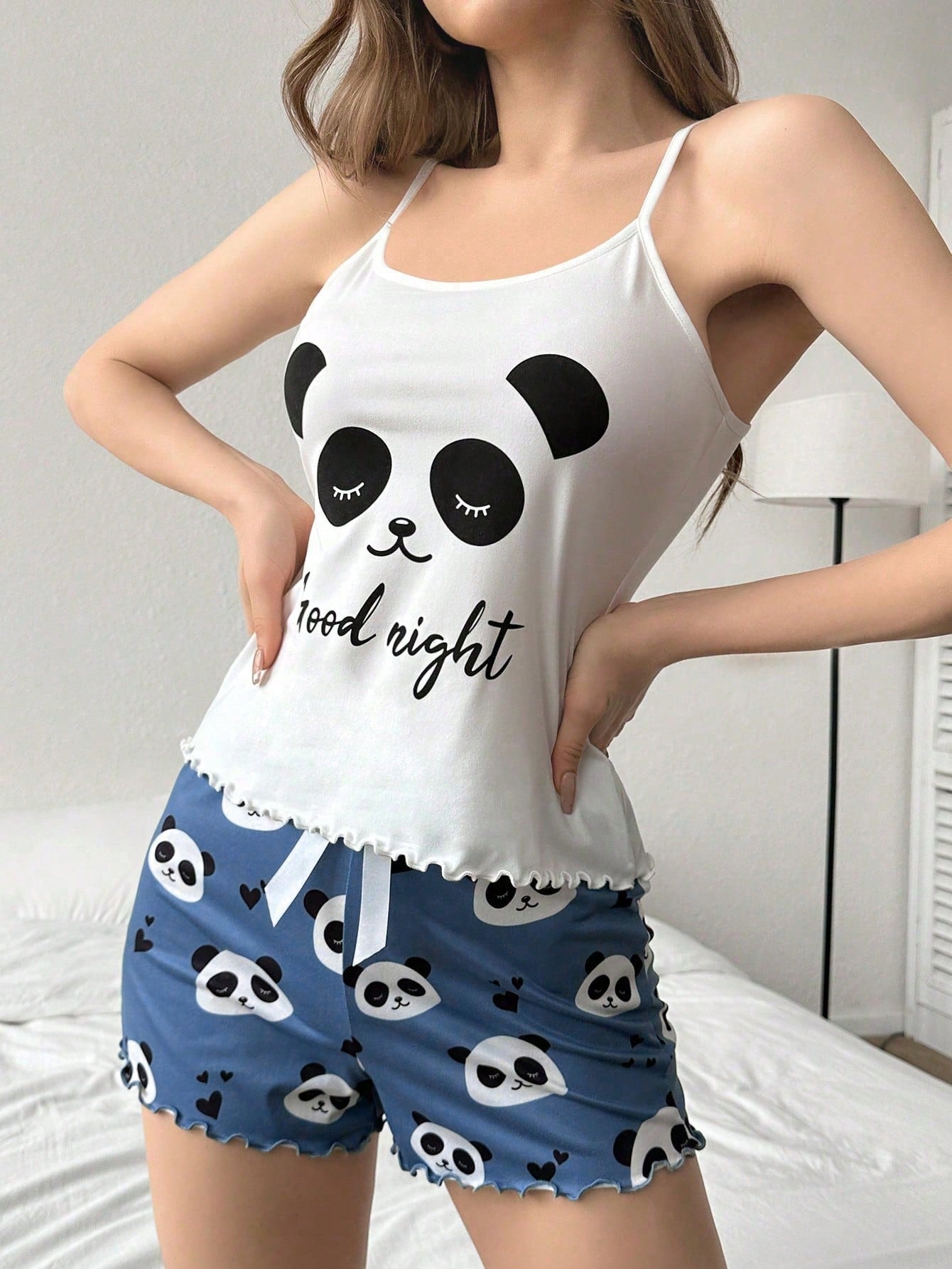 Panda & Letter Printed Camisole And Shorts Women's Pajama Set - Negative Apparel