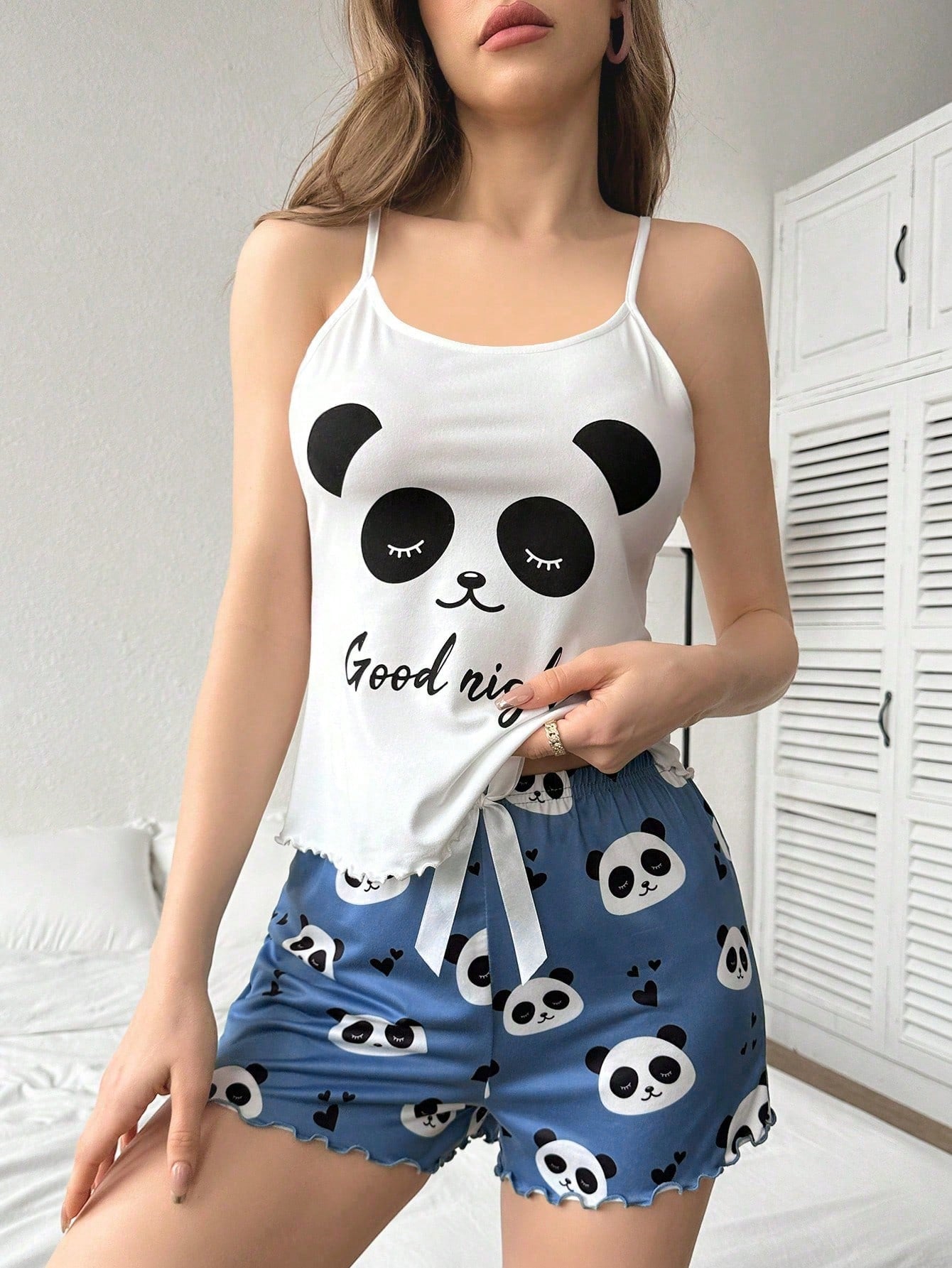 Panda & Letter Printed Camisole And Shorts Women's Pajama Set - Negative Apparel