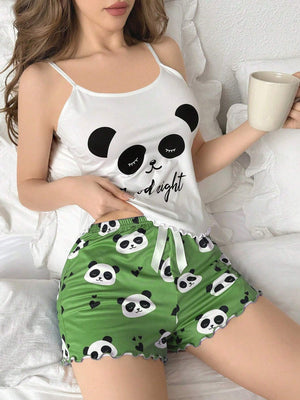 Panda & Letter Printed Camisole And Shorts Women's Pajama Set - Negative Apparel