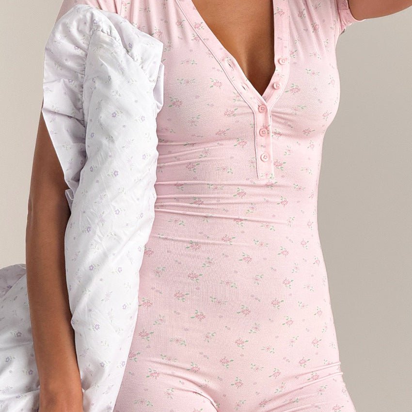 Pastel Reverie | V - Neck Printed Knit Loungewear Jumpsuit - Negative Apparel