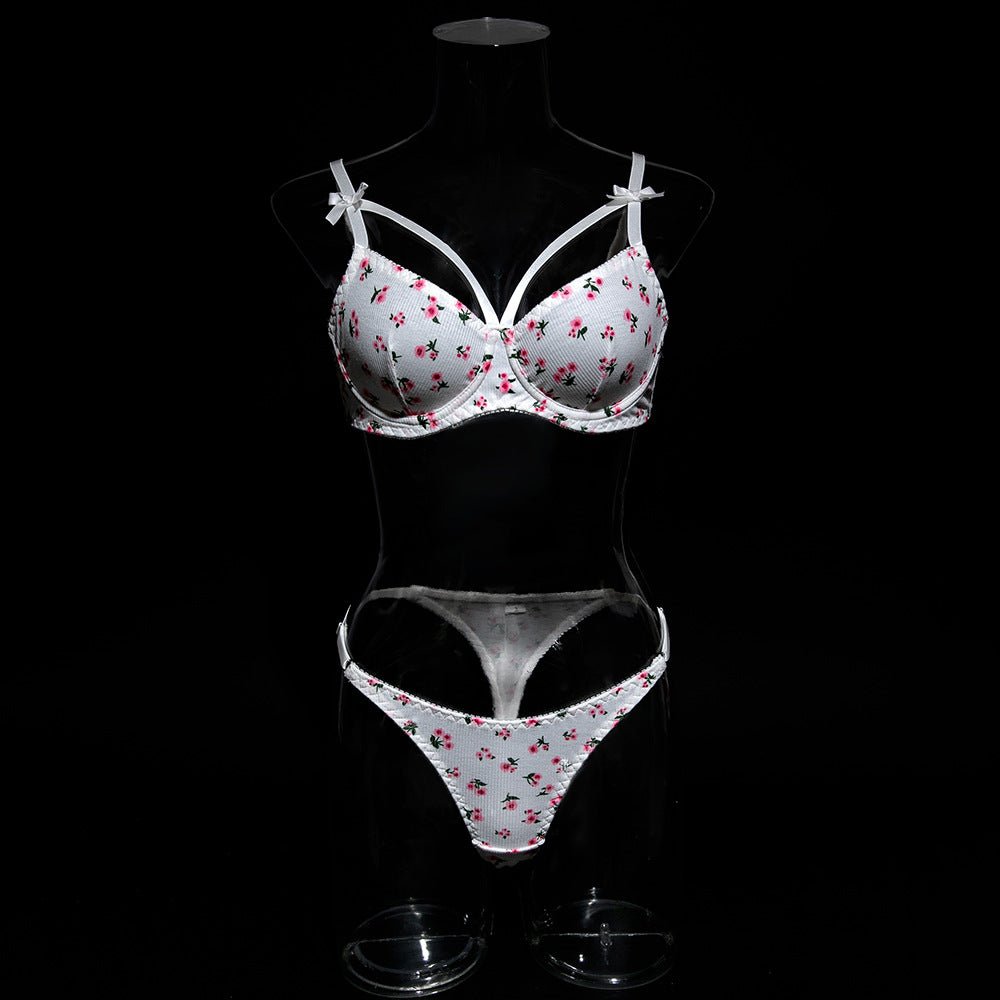 Pastoral style printed bow shoulder strap steel ring gathered sexy bra set - Negative Apparel