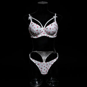 Pastoral style printed bow shoulder strap steel ring gathered sexy bra set - Negative Apparel