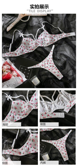 Pastoral style printed bow shoulder strap steel ring gathered sexy bra set - Negative Apparel