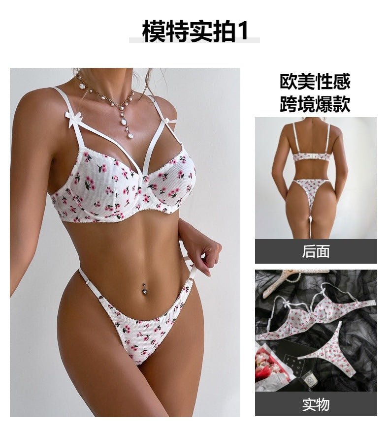 Pastoral style printed bow shoulder strap steel ring gathered sexy bra set - Negative Apparel