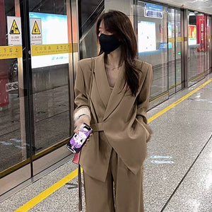 Pink high - end suit for women 2025 spring new design wide - leg pants two - piece suit - Negative Apparel