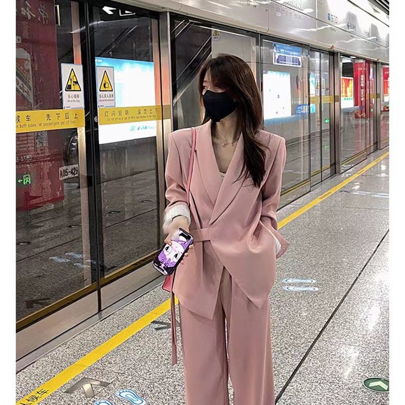 Pink high - end suit for women 2025 spring new design wide - leg pants two - piece suit - Negative Apparel