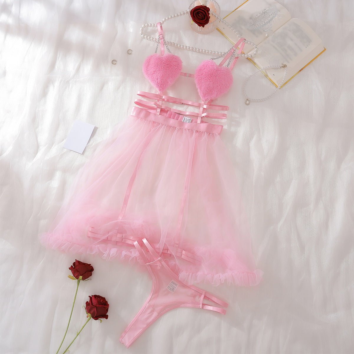 Pink perspective mesh suspender nightdress splicing pure desire style love erotic underwear set - Negative Apparel