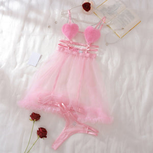Pink perspective mesh suspender nightdress splicing pure desire style love erotic underwear set - Negative Apparel