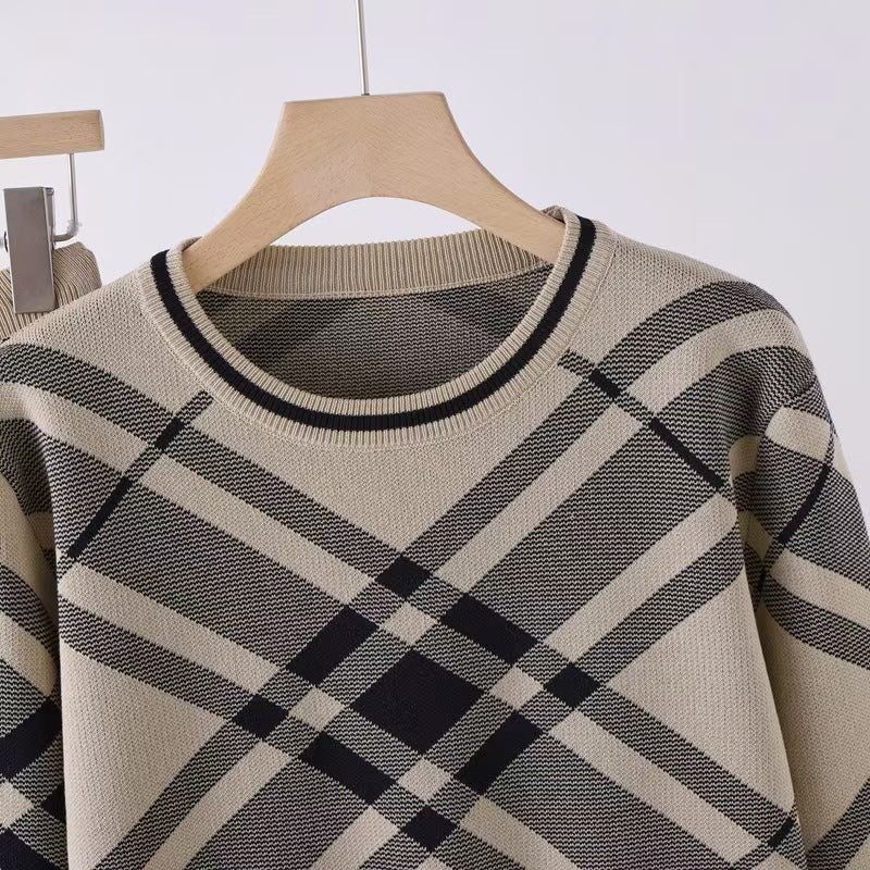 Plaid crew neck long - sleeved knitted top high waist and thin wide - leg pants - Negative Apparel