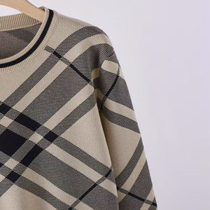 Plaid crew neck long - sleeved knitted top high waist and thin wide - leg pants - Negative Apparel