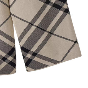 Plaid crew neck long - sleeved knitted top high waist and thin wide - leg pants - Negative Apparel