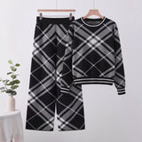 Plaid crew neck long - sleeved knitted top high waist and thin wide - leg pants - Negative Apparel