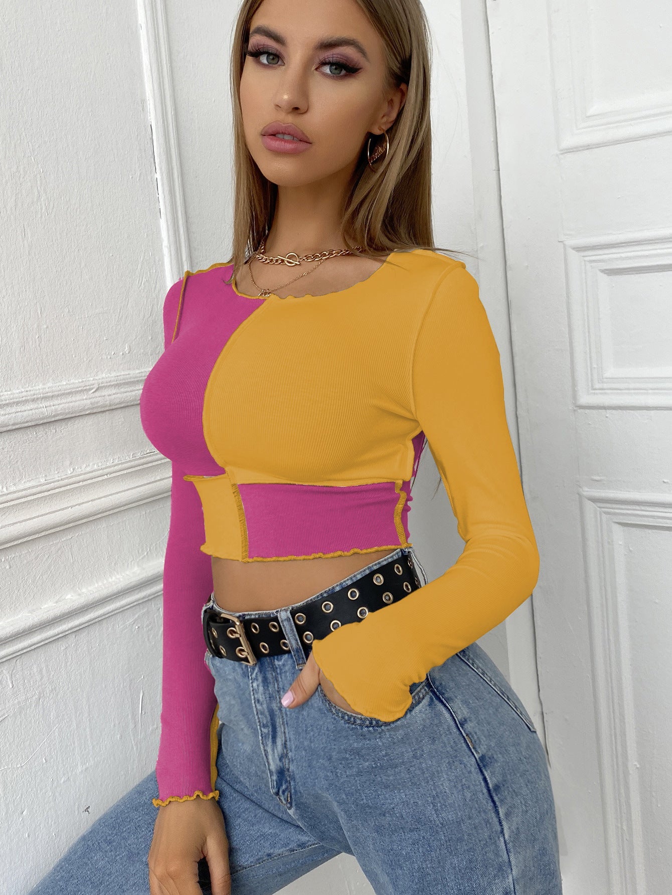 Plaid Long Sleeve T-Shirt - Matching casual round neck long - sleeved short tops - Negative Apparel