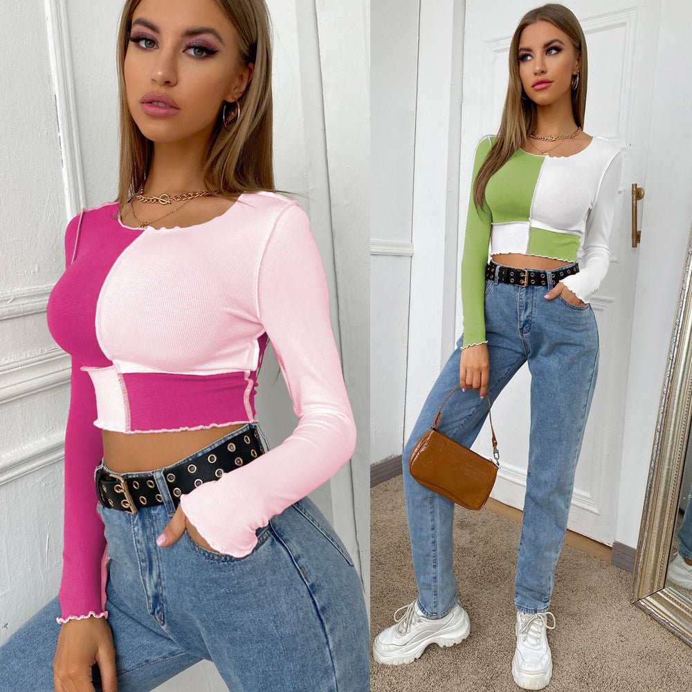 Plaid Long Sleeve T-Shirt - Matching casual round neck long - sleeved short tops - Negative Apparel