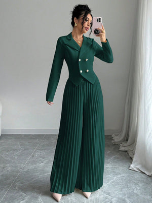 Pleated Double - Breasted Long Sleeve Elegant & Romantic Women's Business Suit - Negative Apparel