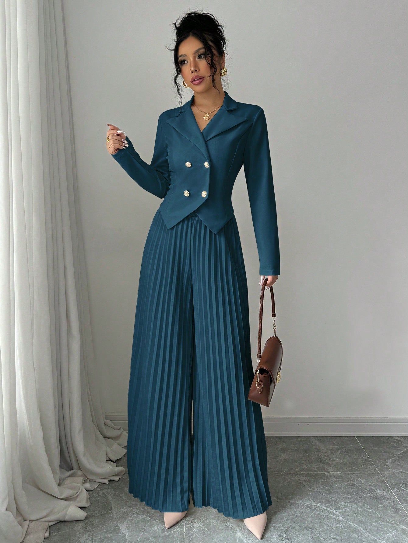 Pleated Double - Breasted Long Sleeve Elegant & Romantic Women's Business Suit - Negative Apparel