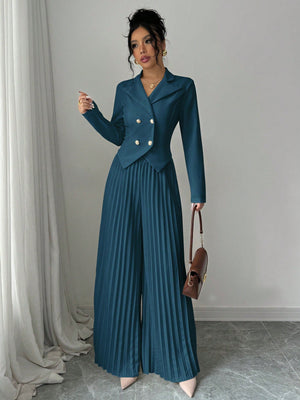 Pleated Double - Breasted Long Sleeve Elegant & Romantic Women's Business Suit - Negative Apparel