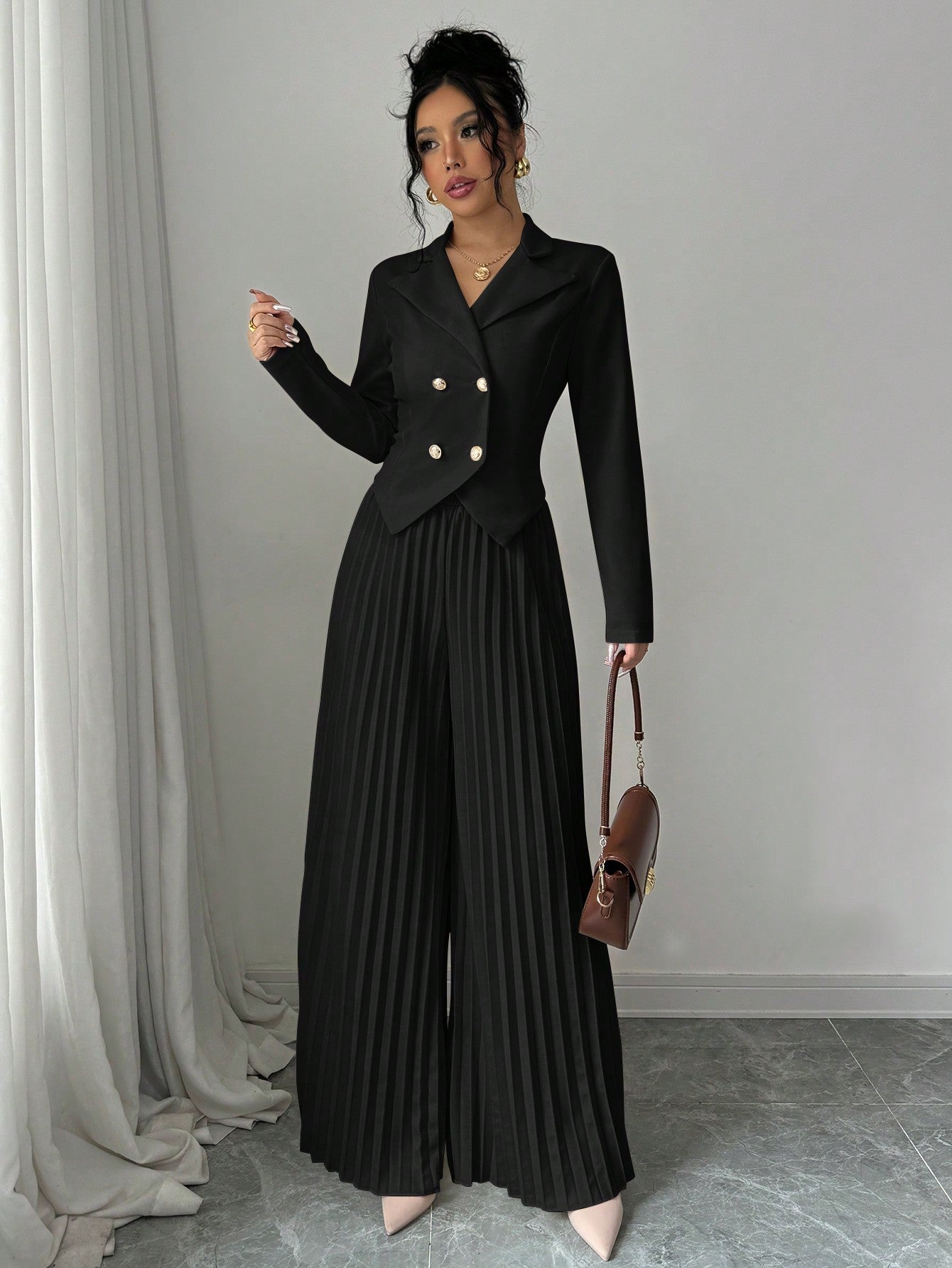 Pleated Double - Breasted Long Sleeve Elegant & Romantic Women's Business Suit - Negative Apparel