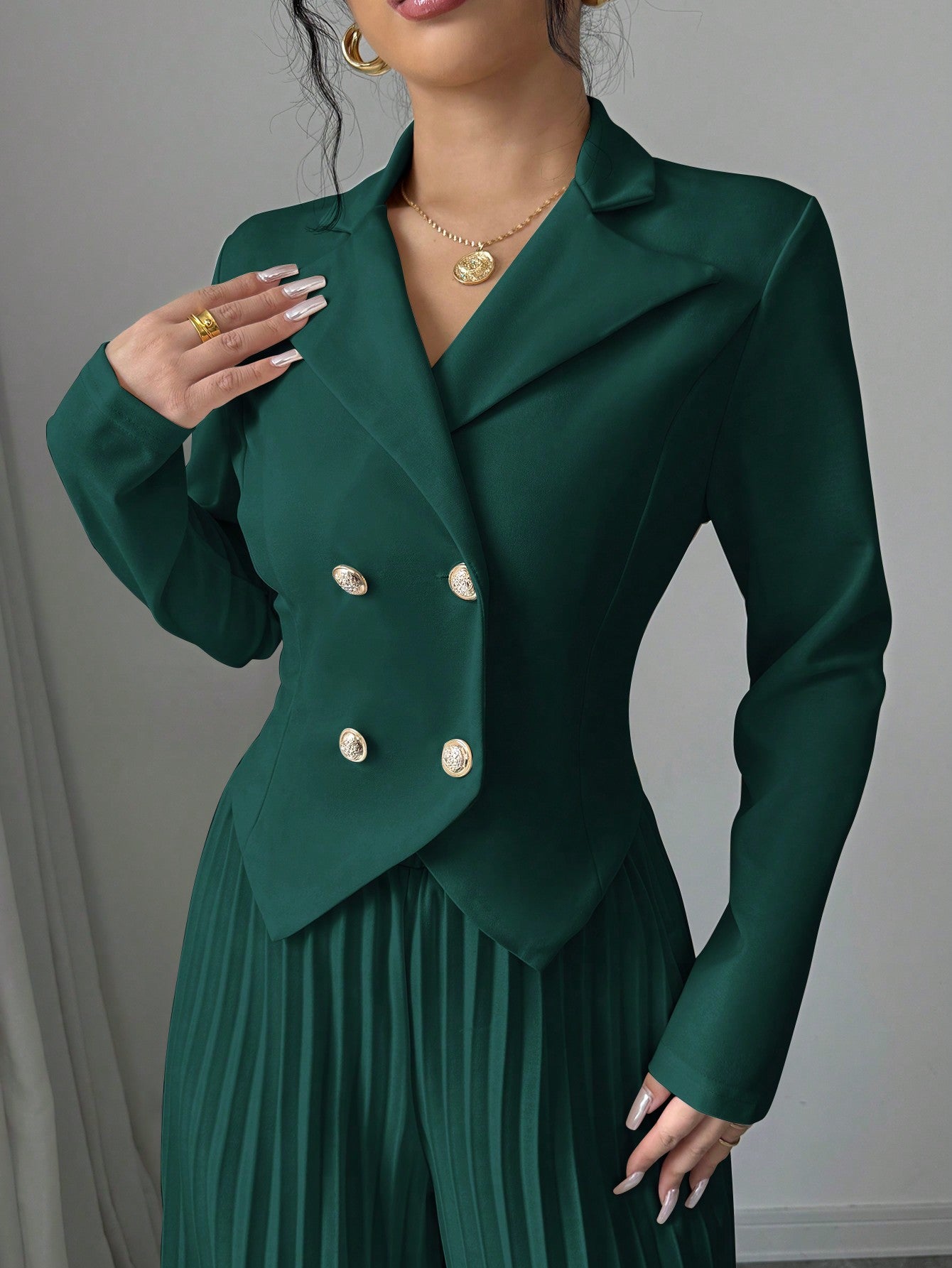 Pleated Double - Breasted Long Sleeve Elegant & Romantic Women's Business Suit - Negative Apparel