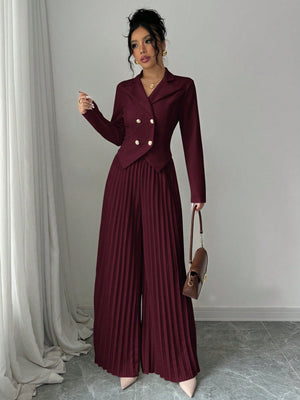 Pleated Double - Breasted Long Sleeve Elegant & Romantic Women's Business Suit - Negative Apparel