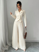 Pleated Double - Breasted Long Sleeve Elegant & Romantic Women's Business Suit - Negative Apparel