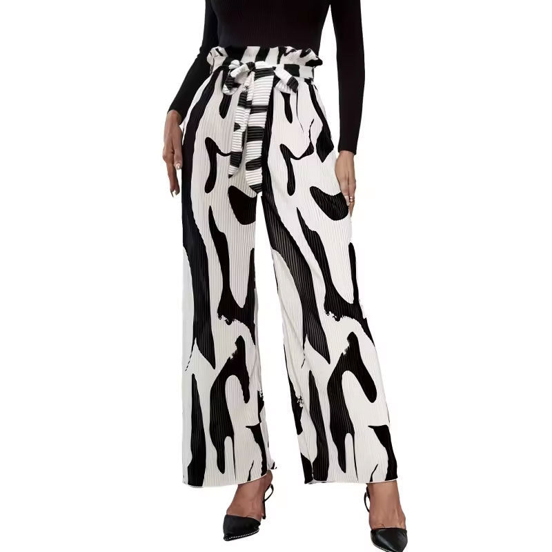 Pleated Printed Bouquet Waist Wide Leg Pants with Belt - Negative Apparel