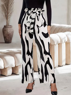 Pleated Printed Bouquet Waist Wide Leg Pants with Belt - Negative Apparel