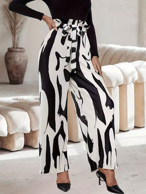 Pleated Printed Bouquet Waist Wide Leg Pants with Belt - Negative Apparel