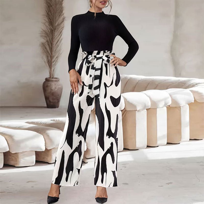 Pleated Printed Bouquet Waist Wide Leg Pants with Belt - Negative Apparel