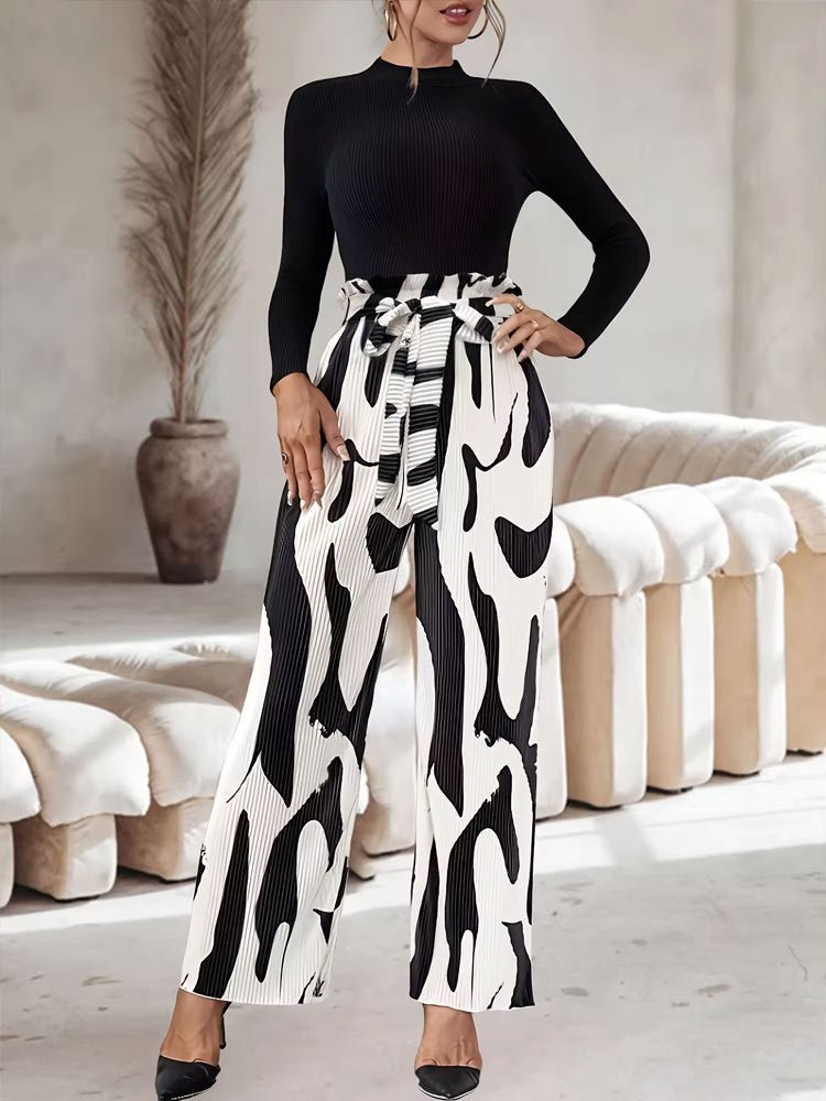 Pleated Printed Bouquet Waist Wide Leg Pants with Belt - Negative Apparel