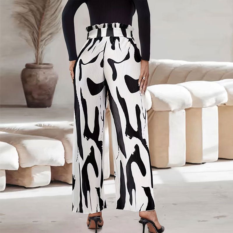 Pleated Printed Bouquet Waist Wide Leg Pants with Belt - Negative Apparel