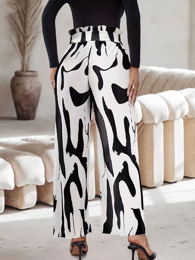 Pleated Printed Bouquet Waist Wide Leg Pants with Belt - Negative Apparel