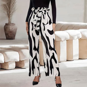 Pleated Printed Bouquet Waist Wide Leg Pants with Belt - Negative Apparel