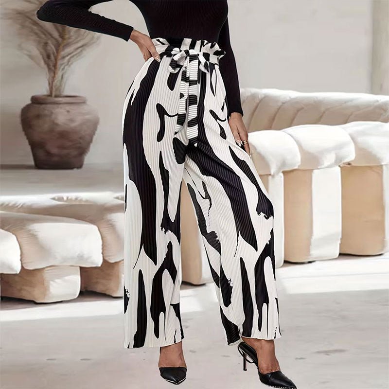 Pleated Printed Bouquet Waist Wide Leg Pants with Belt - Negative Apparel