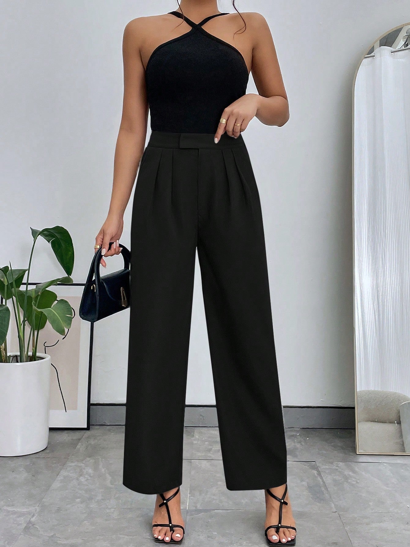 Pleated Slant Pockets Solid Color Fashionable Casual All - Match Straight Pants - Negative Apparel