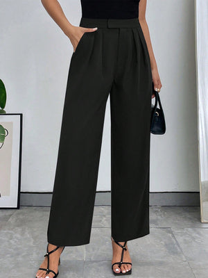 Pleated Slant Pockets Solid Color Fashionable Casual All - Match Straight Pants - Negative Apparel